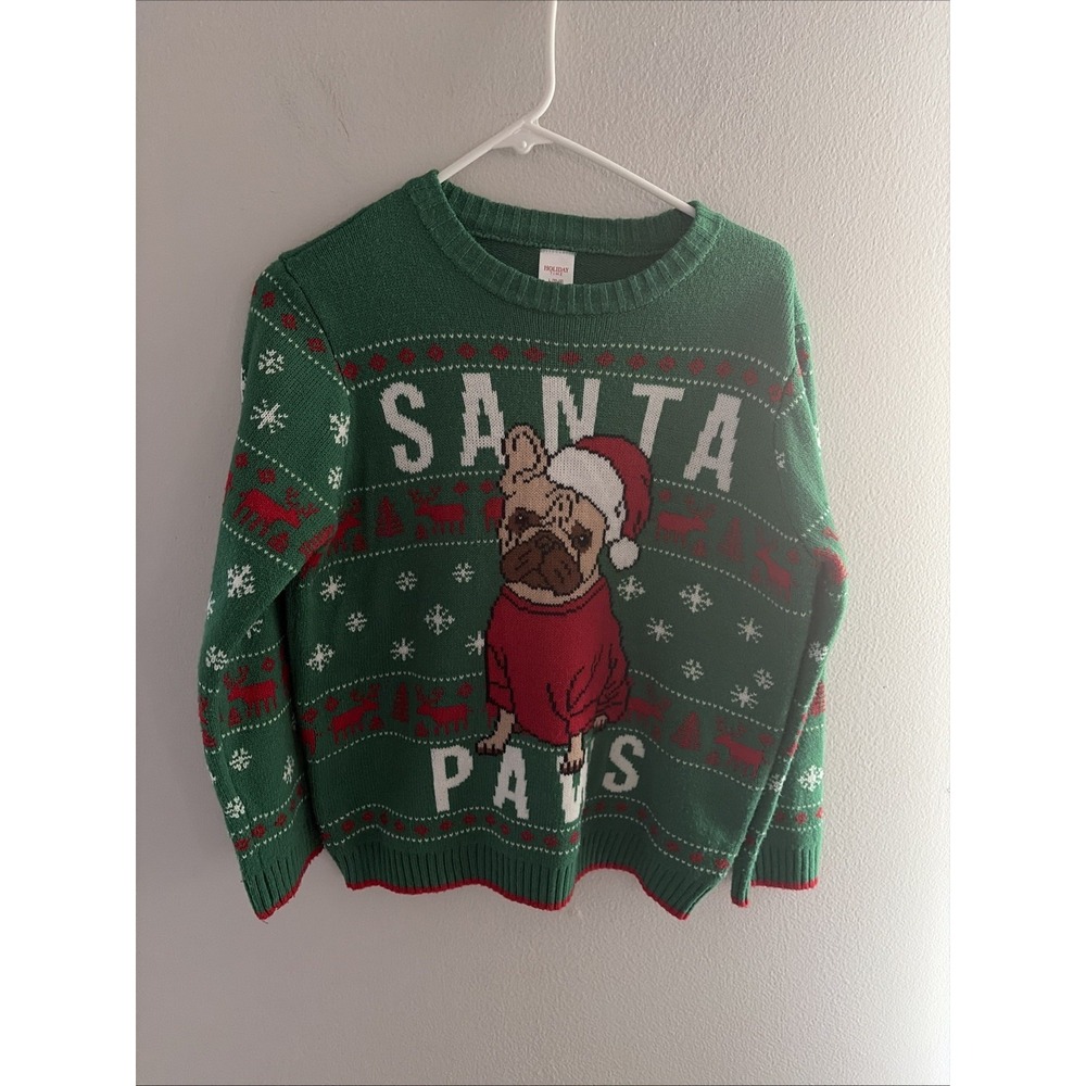 Holiday Time Sweater Kids L 10-12 Husky Green Santa Paws Dog Christmas Ugly